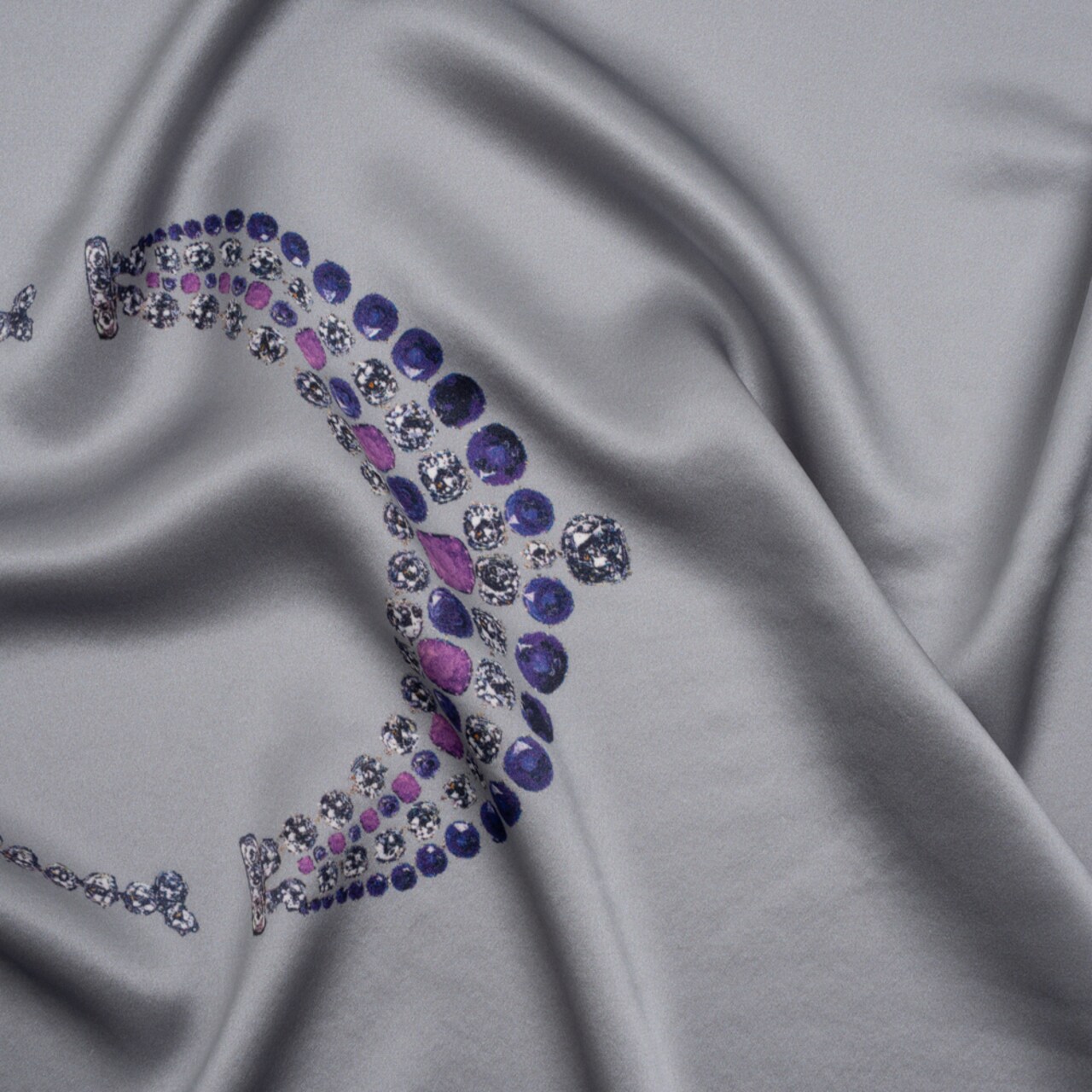 1 Yard Ralph Lauren Silk Charmeuse Panel Silver, Pink & Purple Jeweled Necklace Designer Deadstock for Dresses 44" Width